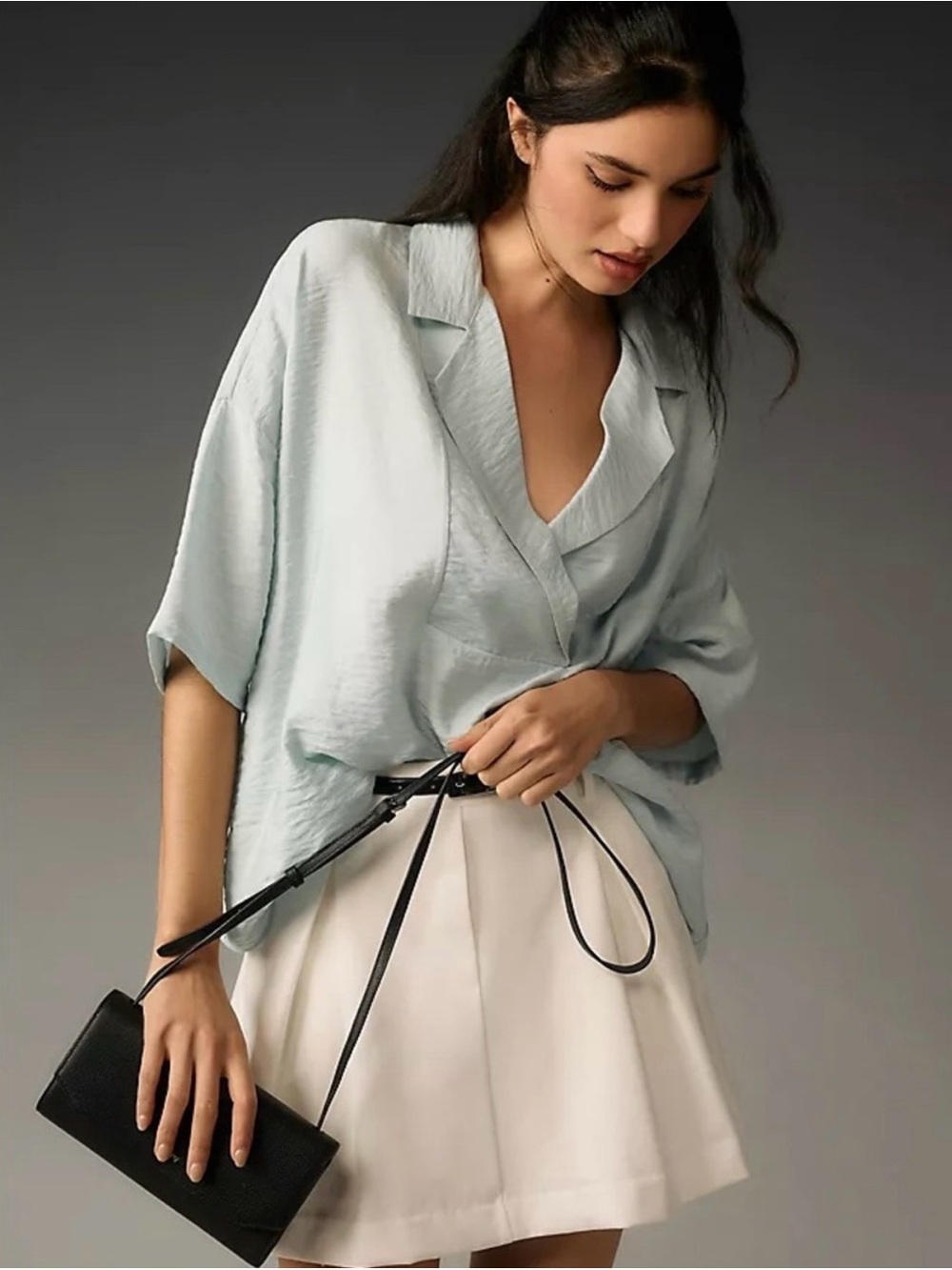 Anthropologie Light Blue Women's Dylon Short Sleeve Open-Collar Blouse